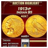 YO 1913-p Gold Indian Half Eagle $5 ms65+ SEGS