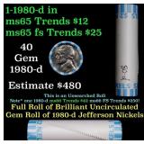 BU Shotgun Jefferson 5c roll, 1980-d 40 pcs Bank $