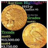 *Highlight* 1915-p Gold Indian Half Eagle $5 Choic