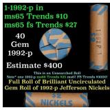 BU Shotgun Jefferson 5c roll, 1992-p 40 pcs Bank $