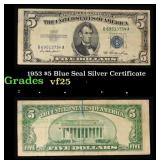 1953 $5 Blue Seal Silver Certificate Grades vf+