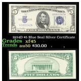 1934D $5 Blue Seal Silver Certificate Grades xf+