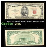1953A $5 Red Seal United States Note Grades vf+