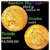 *Highlight* 1912-p Gold Indian Half Eagle $5 Choic