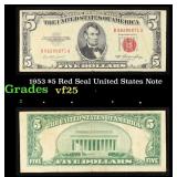 1953 $5 Red Seal United States Note Grades vf+