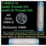 BU Shotgun Jefferson 5c roll, 1980-d 40 pcs Bank $