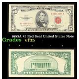 1953A $5 Red Seal United States Note Grades vf++