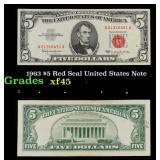1963 $5 Red Seal United States Note Grades xf+