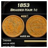 1853 Braided Hair Large Cent 1c Grades ms62 bn