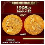 1908-d Gold Indian Half Eagle $5 ms64 USCG