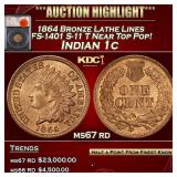 1864 Bronze Lathe Lines FS-1401 S-11 T Indian Cent