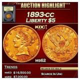 1893-cc Gold Liberty Half Eagle $5 ms62 USCG