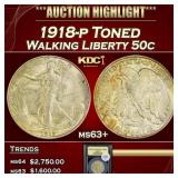 1918-p Walking Liberty Half Dollar Toned 50c ms63+