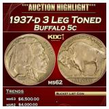 1937-d 3 Leg Buffalo Nickel Toned 5c ms62 USCG