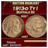1913-d Ty I Buffalo Nickel 5c ms67 SEGS