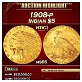 1908-p Gold Indian Half Eagle $5 ms66 USCG