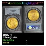 PCGS 1907-p Gold Liberty Double Eagle $20 ms61 PCG