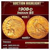1908-d Gold Indian Half Eagle $5 ms65+ USCG