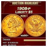 1908-p Gold Liberty Half Eagle $5 ms66+ SEGS