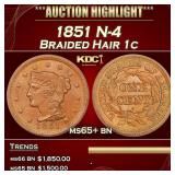 1851 Braided Hair Large Cent N-4 1c ms65+ bn SEGS
