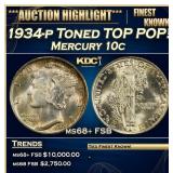 1934-p Mercury Dime Toned TOP POP! 10c ms68+ FSB S