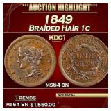 1849 Braided Hair Large Cent 1c ms64 bn SEGS