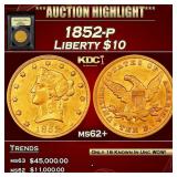 1852-p Gold Liberty Eagle $10 ms62+ USCG