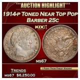 1914-p Barber Quarter Toned Near Top Pop! 25c ms67