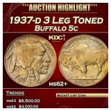 1937-d 3 Leg Buffalo Nickel Toned 5c ms62+ USCG
