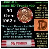 BU Shotgun Lincoln 1c roll, 1962-d 50 pcs Bank Wra