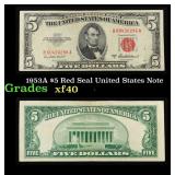 1953A $5 Red Seal United States Note Grades xf