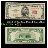 1953A $5 Red Seal United States Note Grades vf++