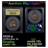 *Highlight* 1958-p Jefferson Nickel 5c ms65+ 5fs S