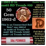 BU Shotgun Lincoln 1c roll, 1962-d 50 pcs Bank Wra