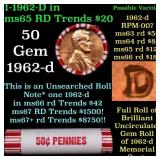 BU Shotgun Lincoln 1c roll, 1962-d 50 pcs Bank Wra