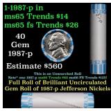 BU Shotgun Jefferson 5c roll, 1987-p 40 pcs Bank $