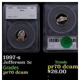1997-s Proof Jefferson Nickel 5c pr70 dcam SEGS