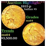 *Highlight* 1912-p Gold Indian Half Eagle $5 Choic