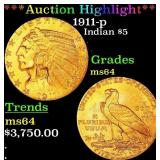 *Highlight* 1911-p Gold Indian Half Eagle $5 Choic