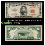 1953 $5 Red Seal United States Note Grades vf++