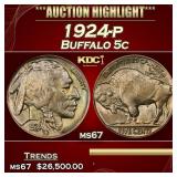 1924-p Buffalo Nickel 5c ms67 SEGS