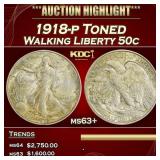 1918-p Walking Liberty Half Dollar Toned 50c ms63+