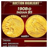 1908-d Gold Indian Half Eagle $5 GEM+ Unc USCG