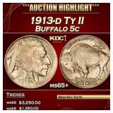 1913-d Ty II Buffalo Nickel 5c ms65+ SEGS