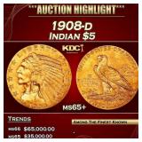 1908-d Gold Indian Half Eagle $5 GEM+ Unc USCG