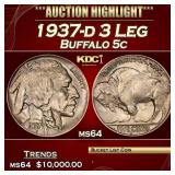 1937-d 3 Leg Buffalo Nickel 5c ms64 SEGS