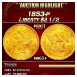 1853-p Gold Liberty Quarter Eagle $2 1/2 ms65+ SEG