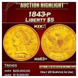 1843-p Gold Liberty Half Eagle $5 ms63+ SEGS