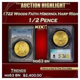 1722 Woods Faith Hibernia Harp Right ms63 bn SEGS
