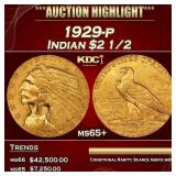 1929-p Gold Indian Quarter Eagle $2 1/2 ms65+ SEGS